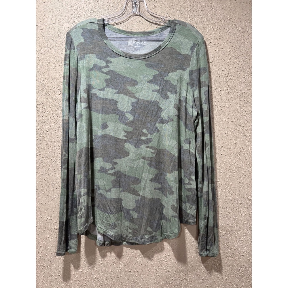 Mudd Womens Camo Long Sleeve T-Shirt Green Camouflage Crew Neck Top Large